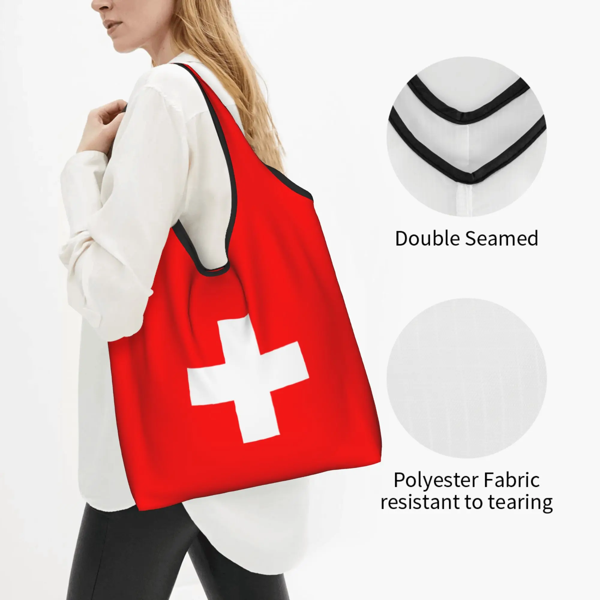 Recycling Flag of Switzerland Shopping Bag Women Tote Bag Portable  Groceries Shopper Bags