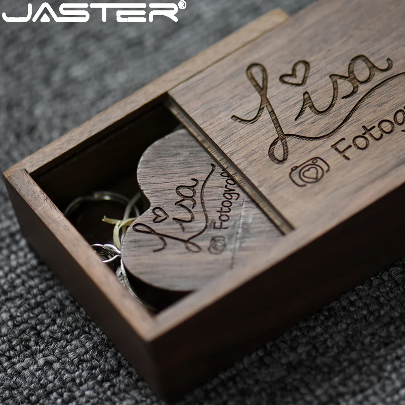 JASTER Wood Heart USB 2.0 Flash Drives 128GB Free Custom Logo Memory Stick64GB with Wooden Box Pen Drive 32GB with Free Key Ring