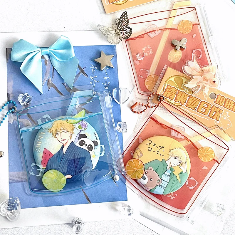 Summer Drink Series Anime Badge Clips Holder Aesthetic Display Pouch for Badge Pin CollectionStorage Bag for Kawaii Merch