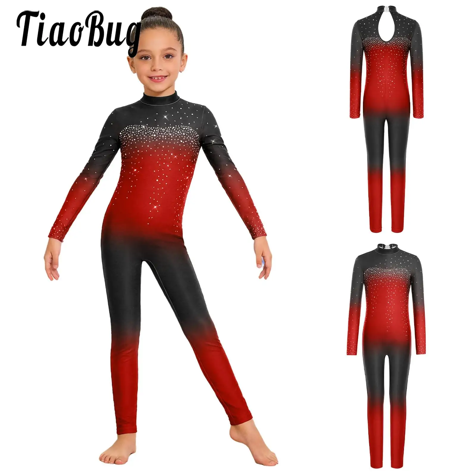 

Kids Girls Figure Skating Gymnastics Dance Performance Costume Long Sleeve Rhinestones Full Body Unitards Yoga Workout Jumpsuit