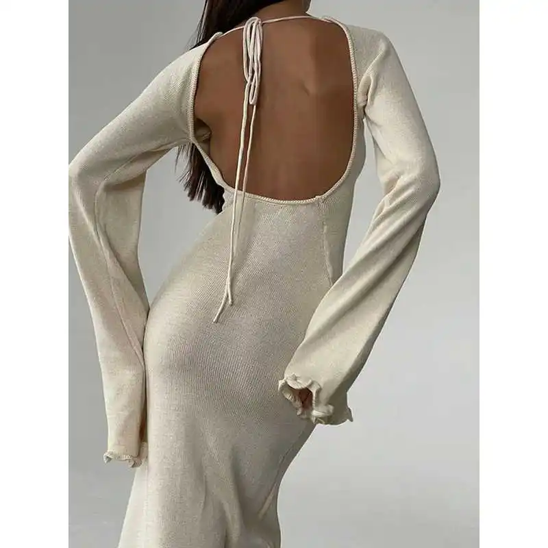 

Вязаное платье с рюшами и расклешенной юбкой, длинными рукавами и шнуровкой, модель Cleanfit H для женщин среднего возраста, Ciwalk, осенняя коллекция