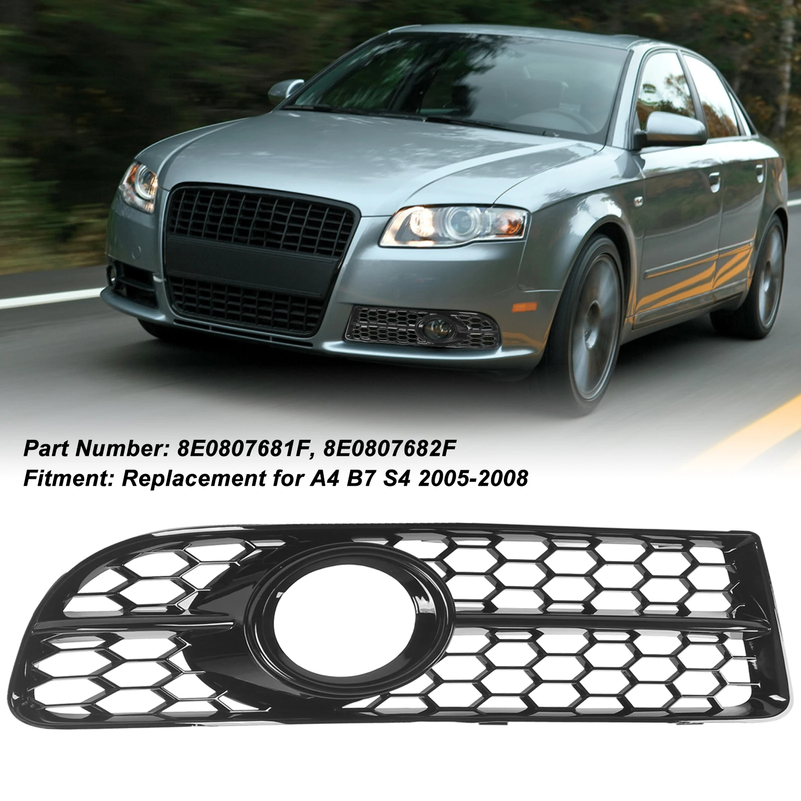 

1 пара решеток передней противотуманной фары 8E0807681F, глянцевая черная решетка противотуманной фары, замена крышки для B7 S4 2005-2008 8E0807682F