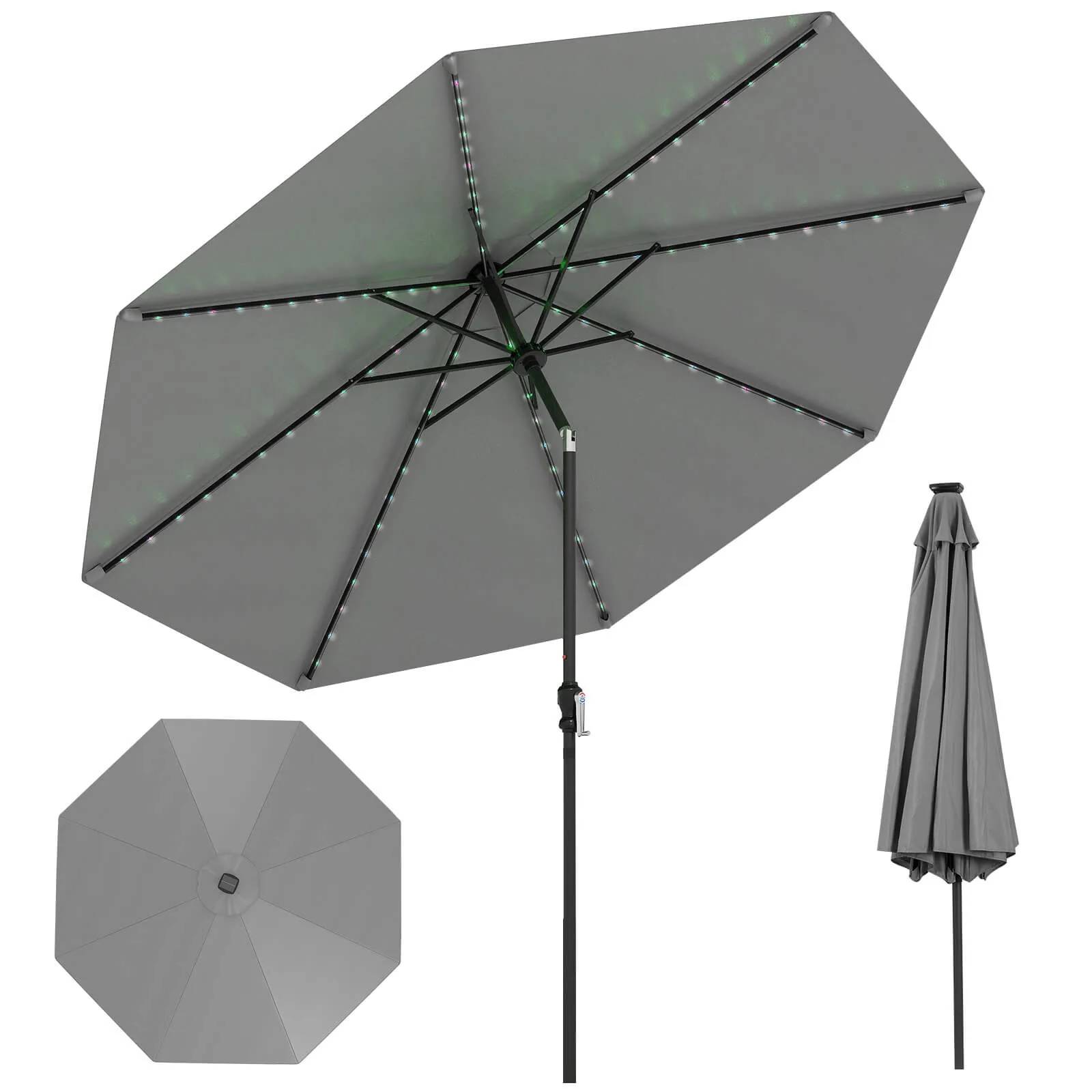 

10 FT Solar Patio Umbrella w/96 Multi-colored LED Lights & 9 Modes Vented Top