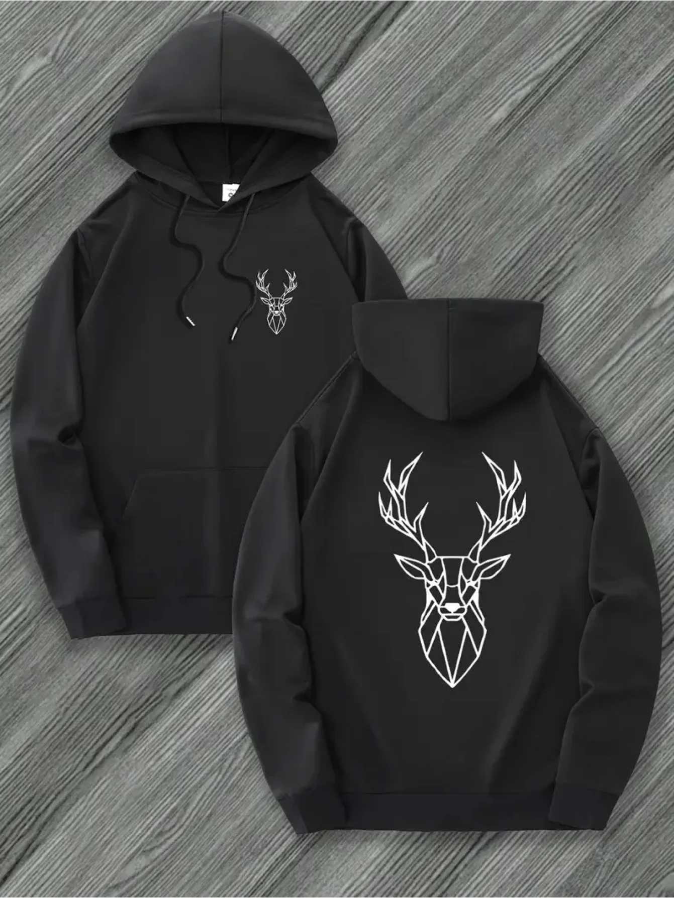 Street style abstract geometric deer pattern printed men's hooded shirt - Hip-hop sporty wild and simple hooded sweatshirt