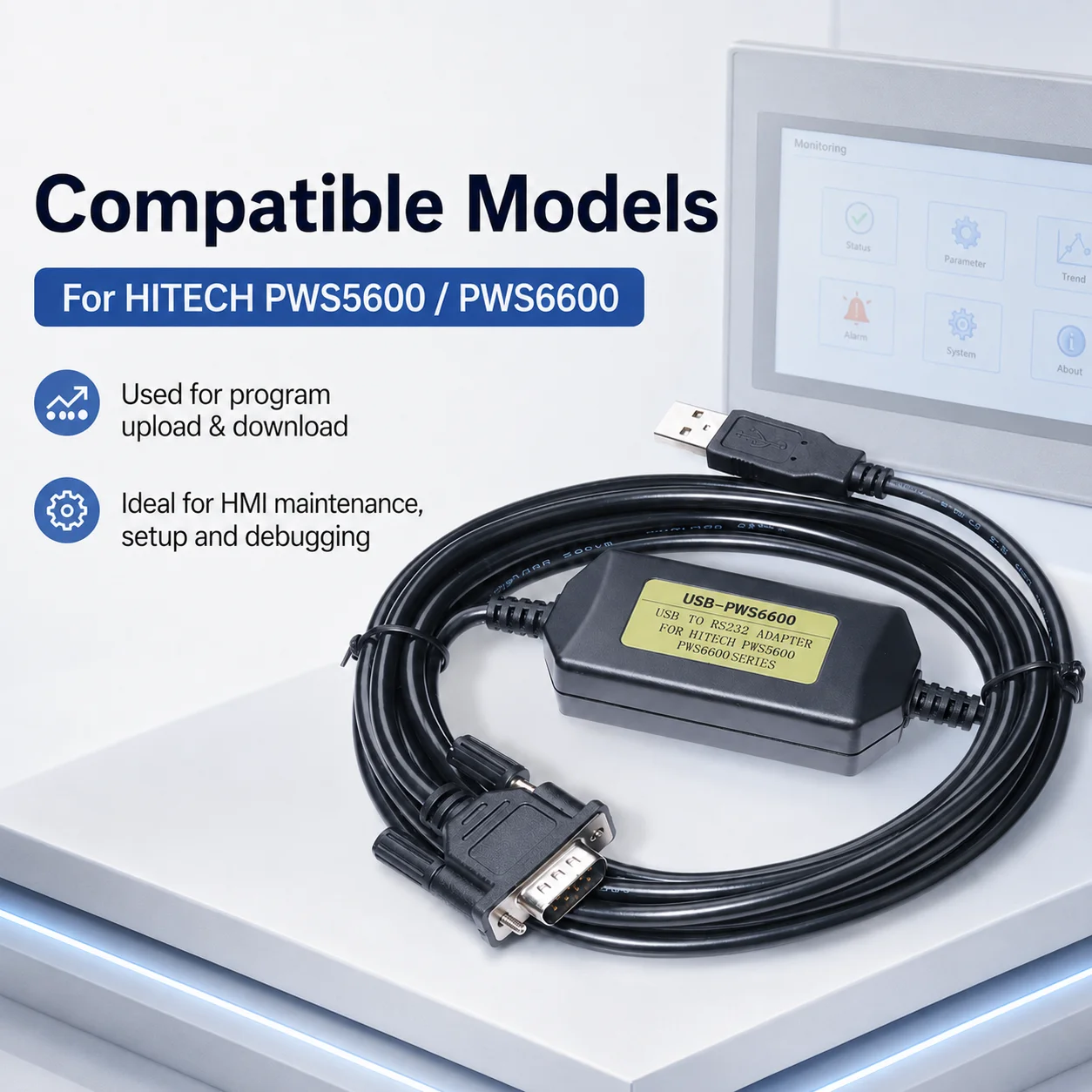 USB-PWS6600 HMI Programming Cable with CH340 for HITECH PWS5600 PWS6600, USB to DB9 Serial Enhanced Upload Download Cord