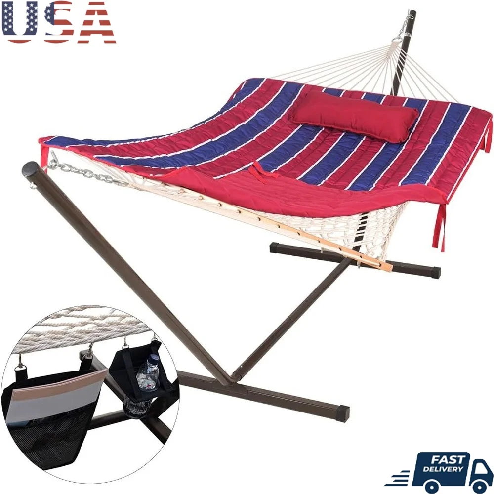 

Double Hammock with Steel Stand Portable Outdoor Two Person Cotton Rope with Quilted Pad Spreader Bars Pillow Bag Cup