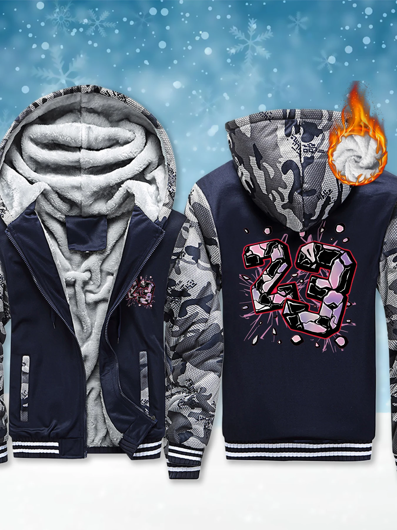 

Dazzle Graphic The Number 23 Print Mans Zipper Jackets Outdoor Winter Jacket Soft Fleece Streetwear Thick Fashion Hoodies