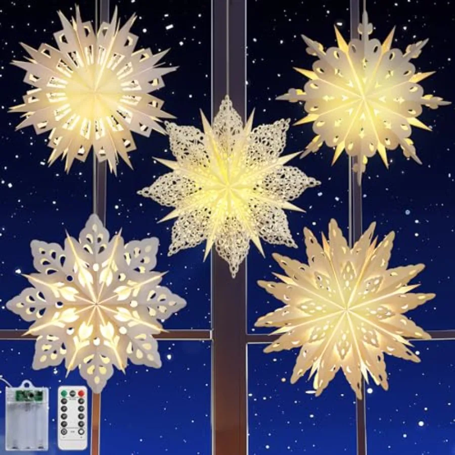 

Christmas Paper Star Lantern 5 Pack Unique Flower Shape Lights with Remote Control LED Paper Lanterns with 6H Timer for Holiday