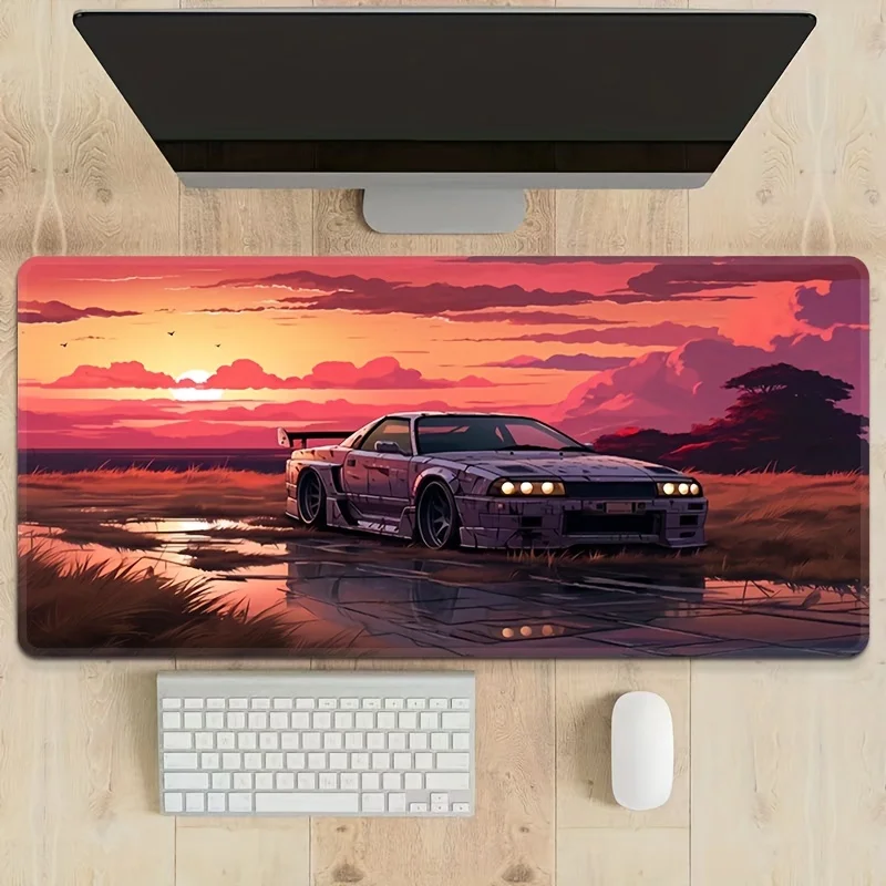 

Vibrant Sunset Design Sunset Vintage Sports Car Large Gaming Mouse Pad - Non-Slip Rubber Base, Stitched Edges