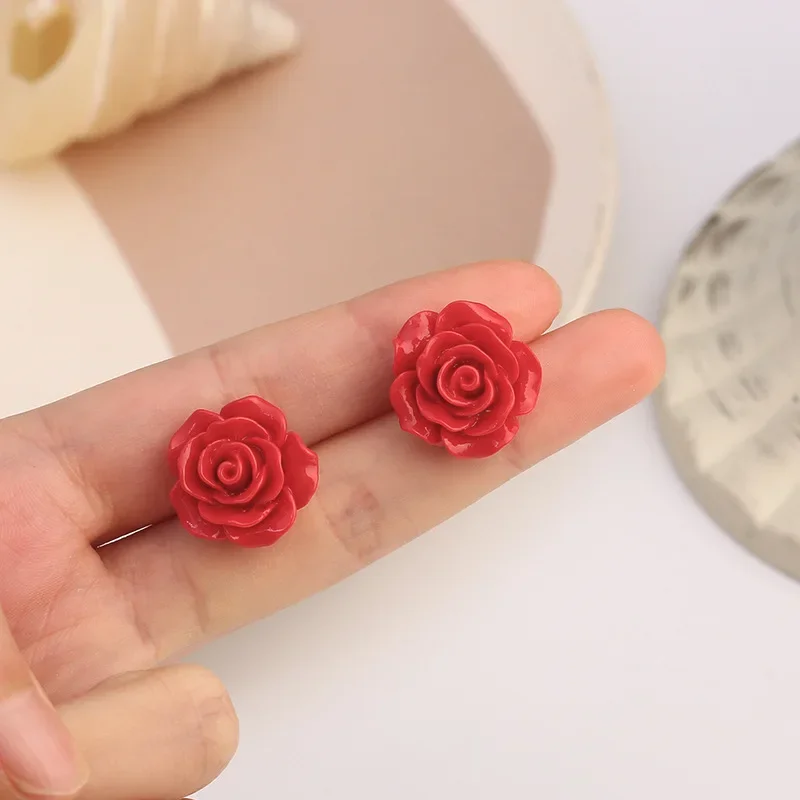 Sweet Cute Simple Resin Rose Flower Stud Earrings for Women Girls Valentine Day Gift Wedding Brides Jewelry Korean Earring