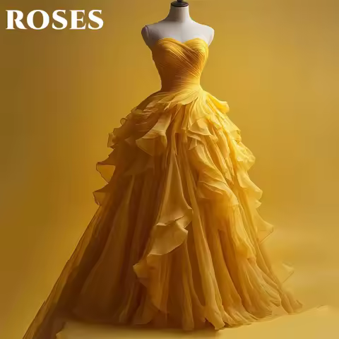 ROSES Yellow Elegant Beautiful Prom Dress Tulle Sweetheart Formal Gown with Pleats Tiered A-Line Evening Dress 프롬 드레스 Customized