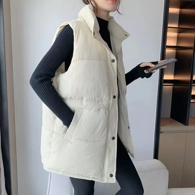 

2024 New Women's Down Cotton-padded Coat Fashionable Elegant Stand Collar Waist-fitted Female Sleeveless Vest Waistcoat Jackets