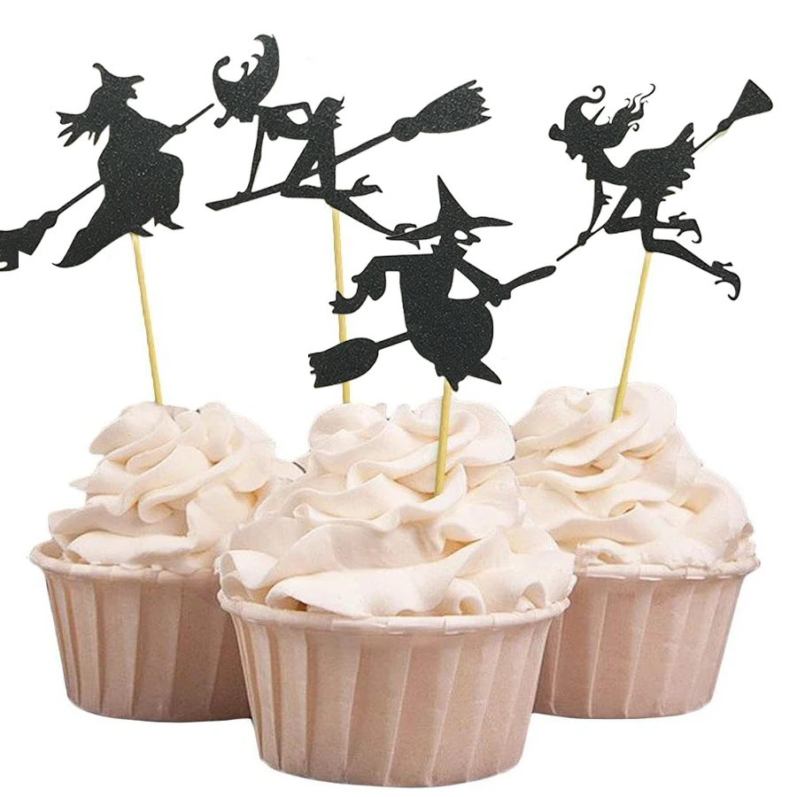 4 Stück Cupcake-Topper mit Hexenmotiv für Halloween, inklusive Tortenstäbchen zur Dekoration und als Gastgeschenke für Partys. – Detail 1