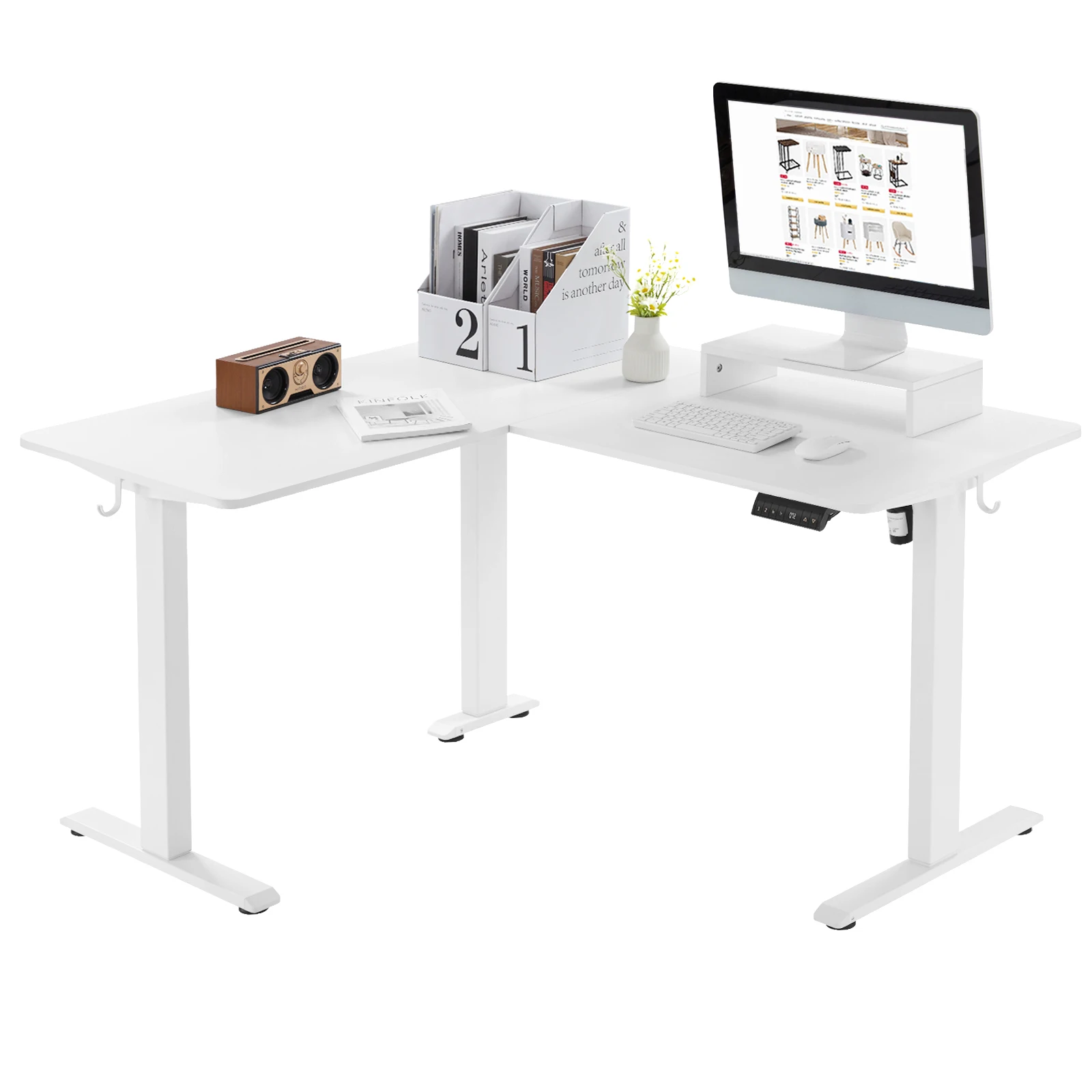 Electric L-shaped Sit Stand Desk Corner Table 140x120cm Height Adjustable Computer Desk with 4 Memory Controls Monitor Stand