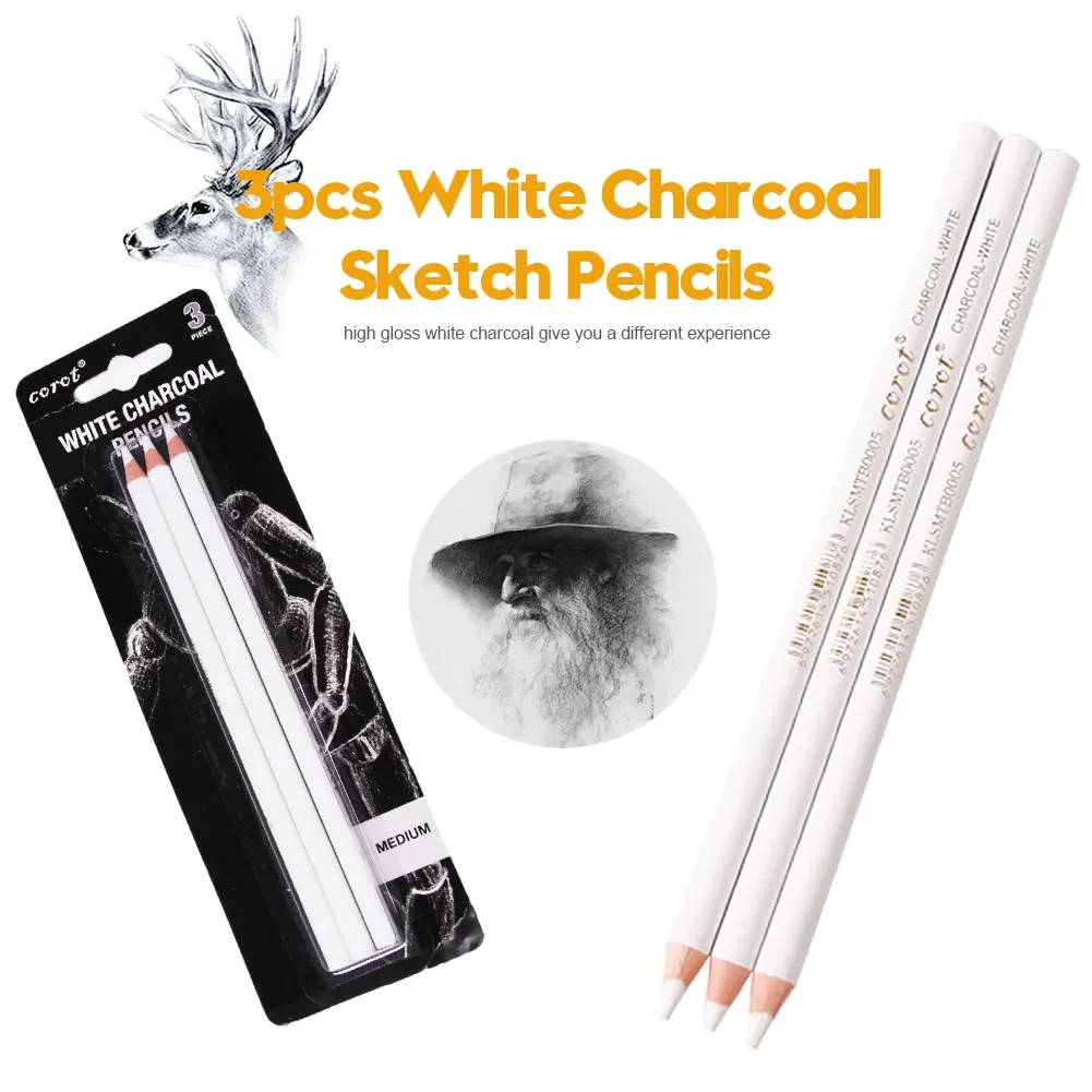 3 Pcs White Charcoal Pencil Sketch Hightlight Pens White Pencils Art Studio Students Drawing Tools Sketch Exercise Pencils