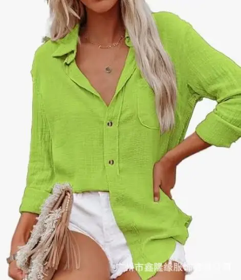 Women's Cotton Linen Shirt Long Sleeve Lapel Black Top Loose Pocket Fashion Pink Basic Office White Blouse