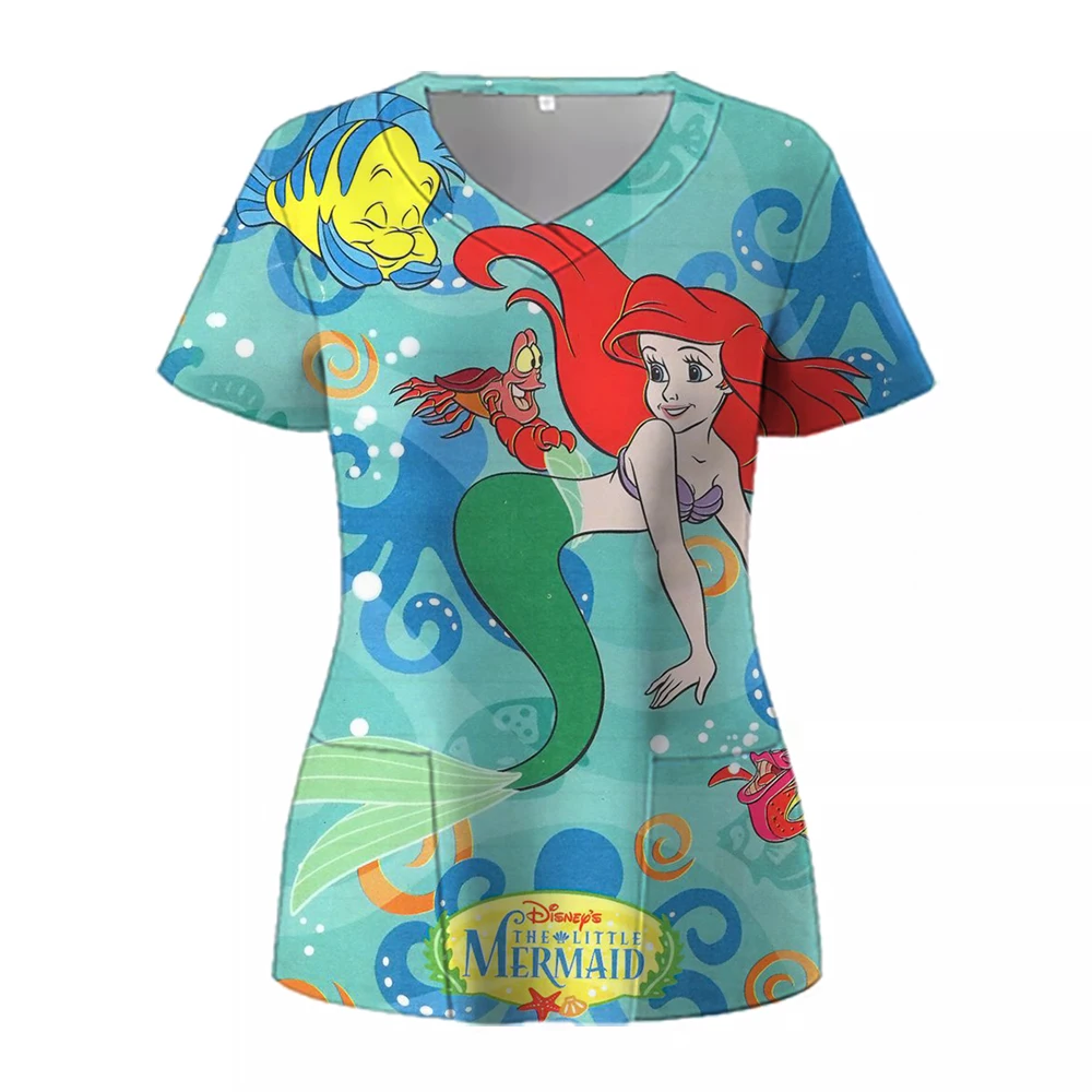 Uniforme de enfermera con estampado de princesa de Disney, clínica dental, bata quirúrgica con cuello en V, ropa de trabajo de hospital para mascotas Blancanieves, manga corta para mujer