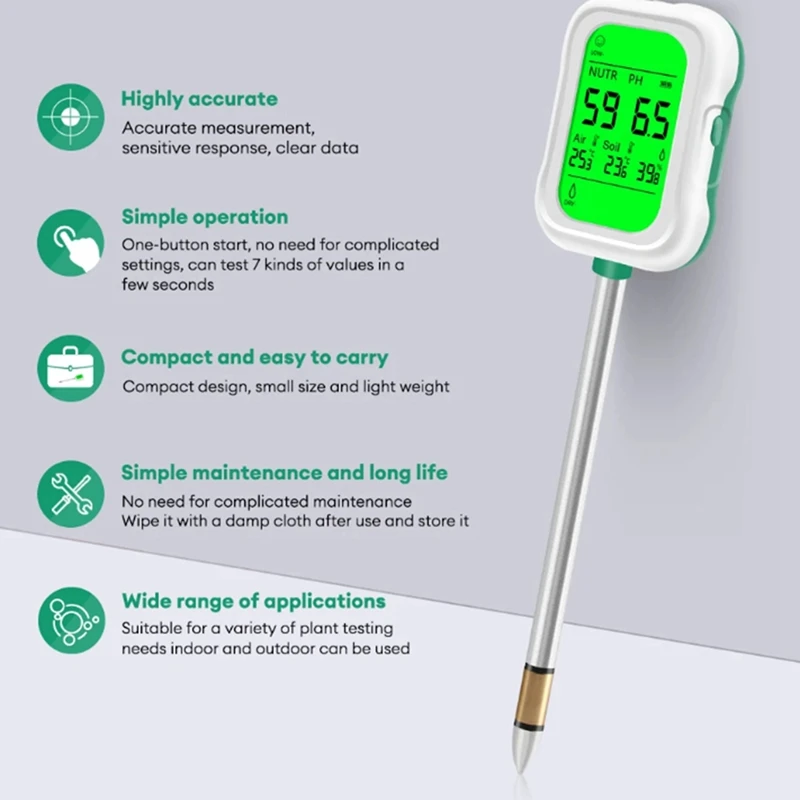 7 In 1 Soil PH Meter ความชื้นในดินเครื่องวัดอุณหภูมิดิน PH Fertility อุณหภูมิความชื้นเครื่องทดสอบสําหรับ Garden Farm เครื่องวิเคราะห์ดิน