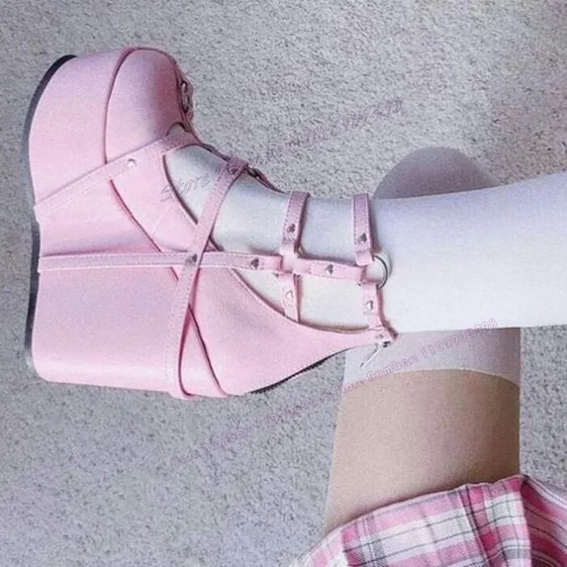 

Pink T-strap Wedges Heels Platform Pumps Strappy Buckle Round Toe Shoes for Women Matte Leather Shoes 2023 Zapatos Para Mujere
