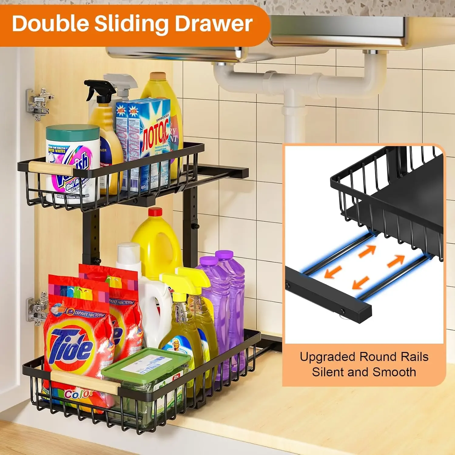 Under Sink Organizer, 2 Pack Height Adjustable Under Sink Organizers and Storage, 2 Tier Pull Out Drawer Cabinet Organizer