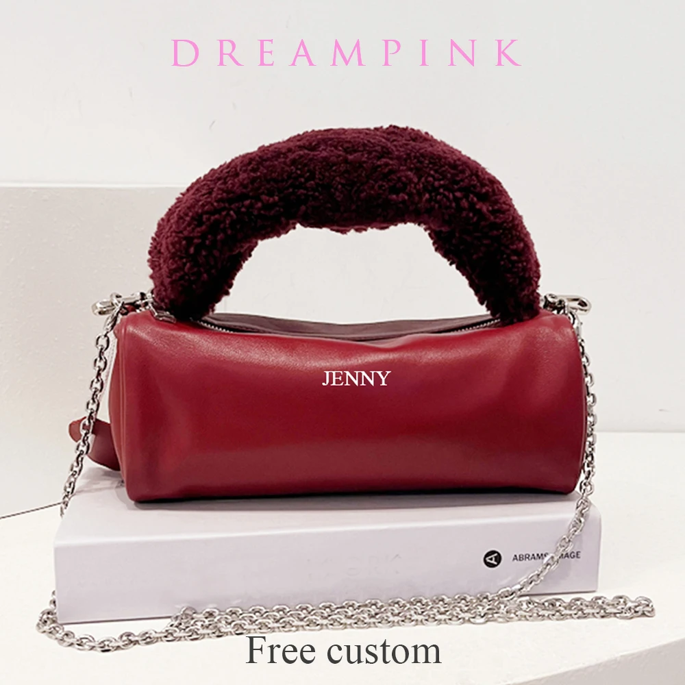 Fur Wool Handle Women Luxury Bags Designers Custom Name Genuine Leather Party Evening Chain Crossbody Bag Female Pouch Handbag