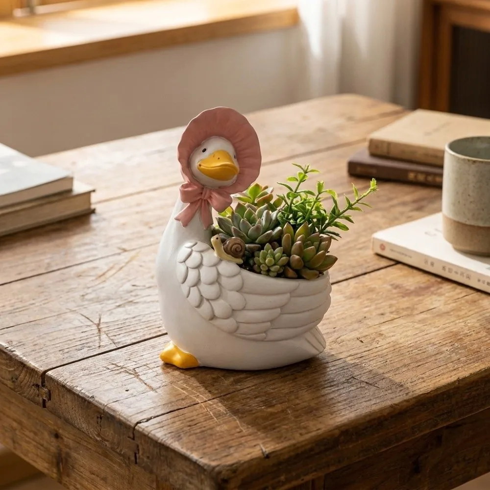 Creative Cartoon Adorable Goose Planters Drainage Hole Resin Animal Flower Pot Cute Multipurpose Succulent Bonsai Pot Balcony
