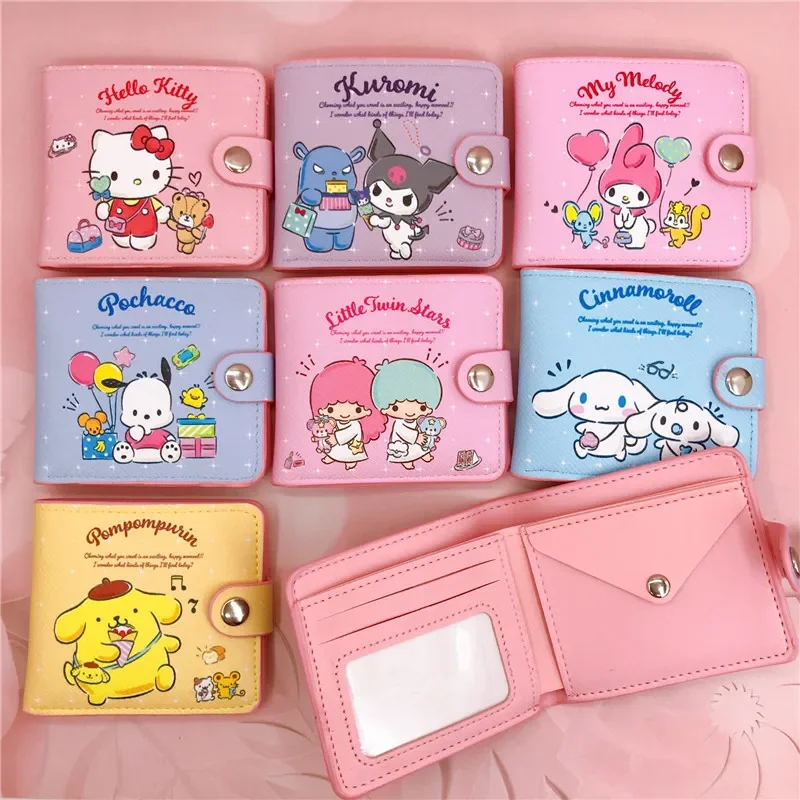 Sanrio dompet Pu gambar kartun lucu Hello Kitty Kuromi Melody tas uang kasual dompet tempat kartu dompet dengan kancing hadiah