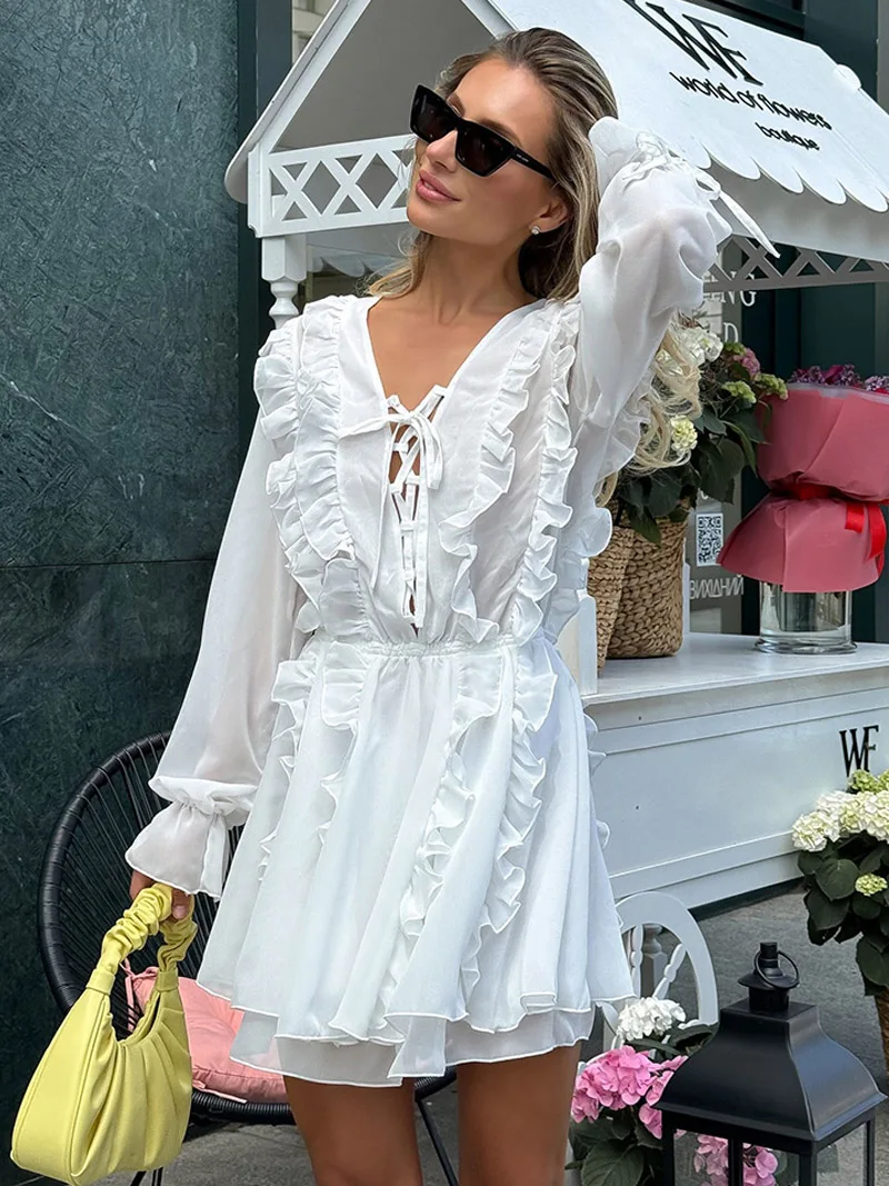 MSCSZ Abiti a maniche lunghe con lacci sul davanti Mini abito da donna con volant a strati Eleganti abiti da festa corti bianchi da ballo