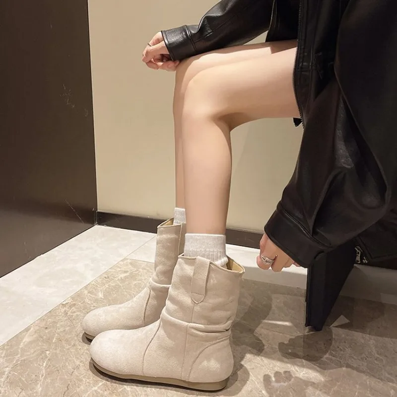 

Woman Shoes Ankle Boots Winter Elegant Comfortable Leather Retro Designer Short Barrel Flat Casual New Barefoot Booties on Sale