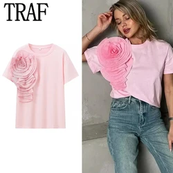 TRAF Floral O-Neck T-Shirts Women's T-Shirt Spring Summer 2024 Short Sleeve Blouse Elegant Basic Tops Youthful Elegant Shirts