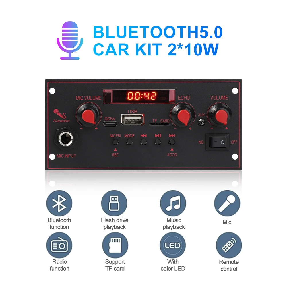 Bluetooth 5.0 MP3 Decoder Board 2*10W 20W Amplifier Audio Player 5V DIY MP3 Player Car FM Radio Module TF USB Mic Record Call