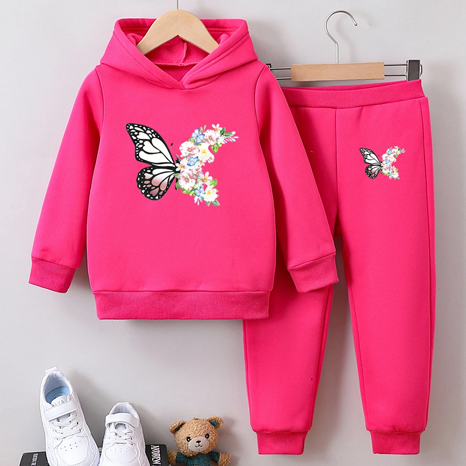 Charming Girls Two-Piece Hoodie and Long Pants Set Unique Butterfly Comfortable and Stylish Autumn and Winter Children Sets