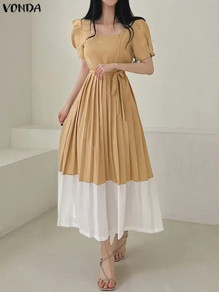VONDA élégant fête Maxi robes Sexy col carré manches courtes bouffantes couleur Patchwork robe d'été femmes ceinture longues robes