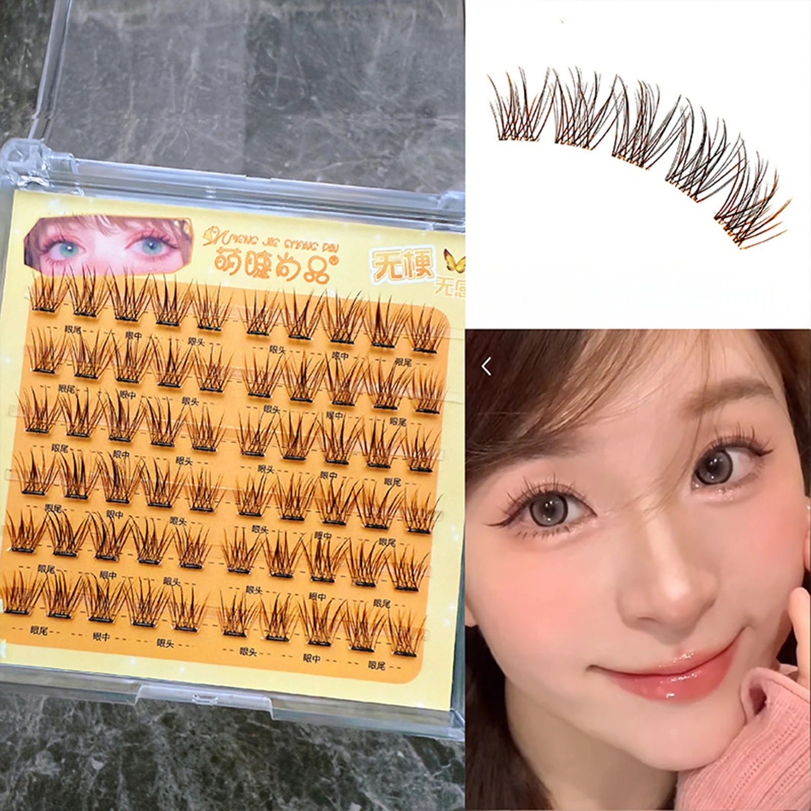 6 Reihen 10–12 mm braune falsche Wimpern, natürliches Curling, dünne falsche Wimpern, segmentierte, kleberfreie Wimpernverlängerungs-Make-up-Produkte