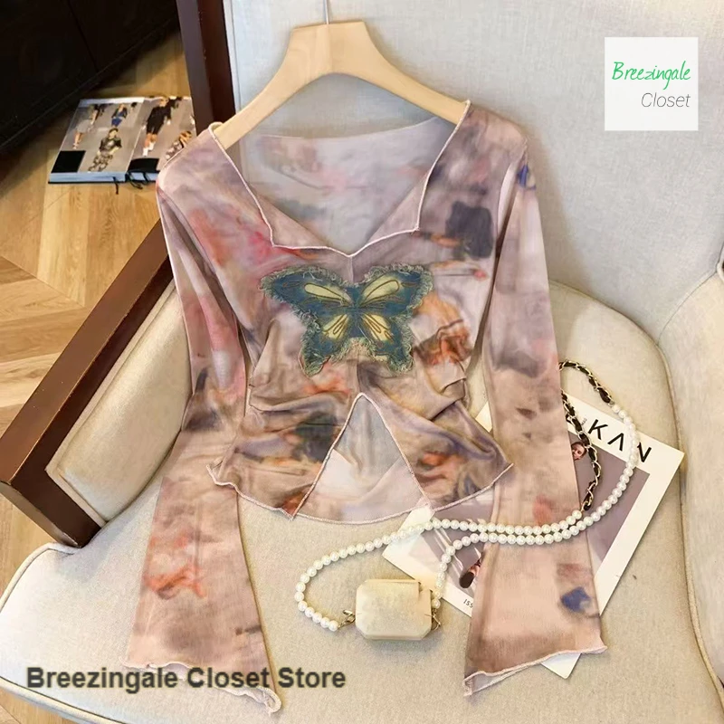 

French butterfly spice split sunscreen long-sleeved T-shirt women spring and summer fashion waist slimming blouse casual shirt