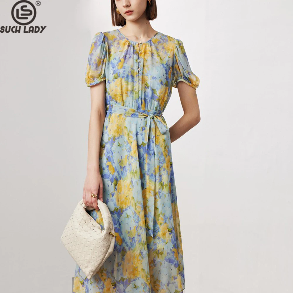 

100% Silk Women's Dresses O Neck Short Sleeves Floral Printed Lace Up Elegant Fashion Casual Vestidos