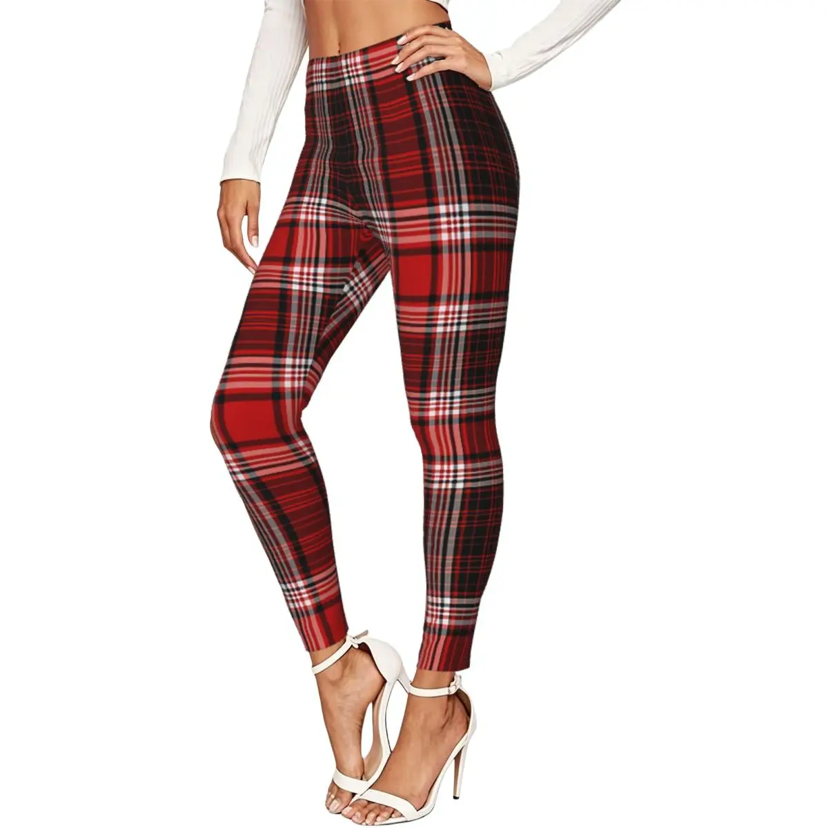 Women Full Length Elastic Leggings High Waist Tight Pants Nostalgic Striped Plaid Pattern Casual Bottoms