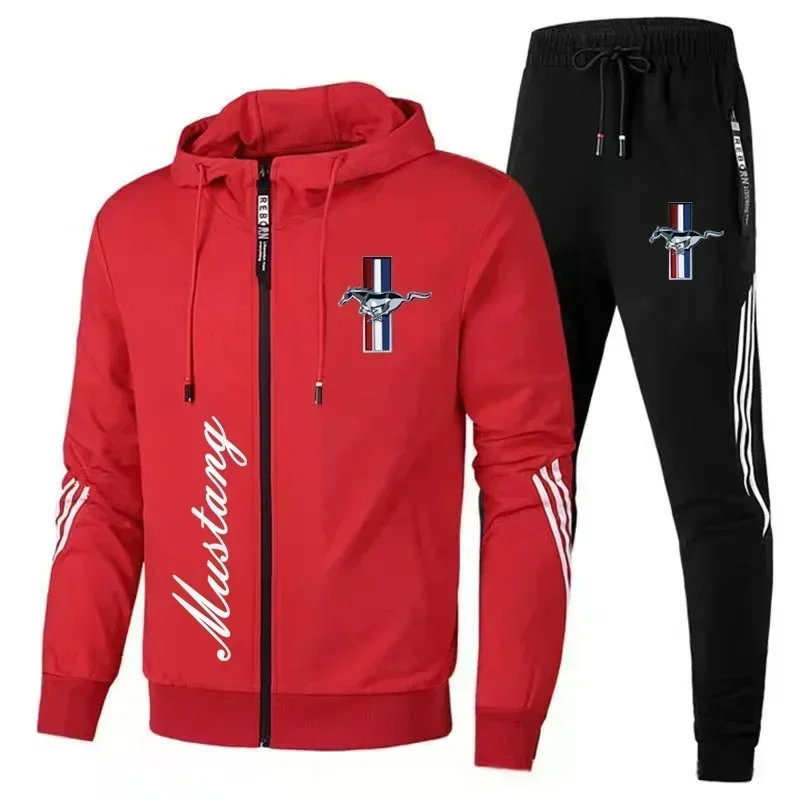 New Men Sportswear Ford Mustang Auto Logo Printed Hood Sweatshirt Pants Casual Fit Running Fitness Men Sportkle 2hp