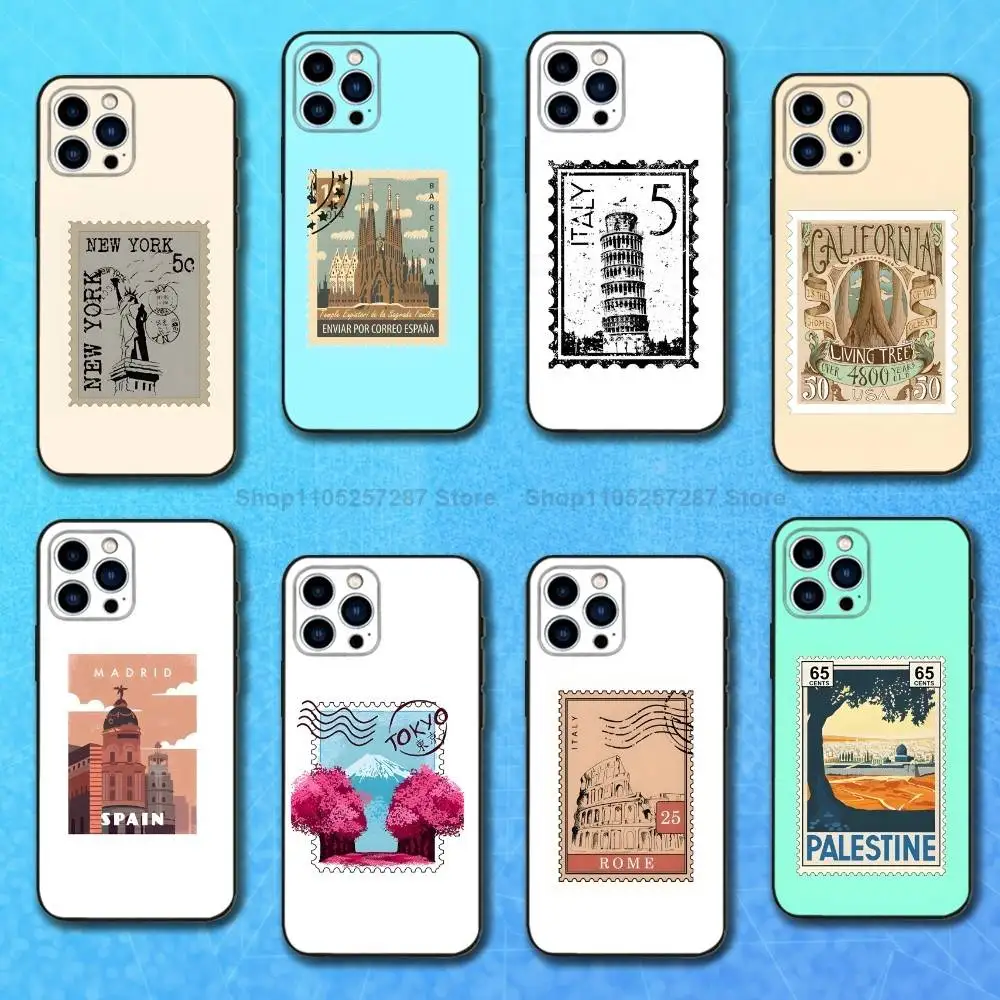 

Ticket Art Stamp Travel For iPhone 12,14,13,15,8,7,16,11,17,X,Mini,Plus,Pro,XR,SE,XS,Max,Soft Silicone Black Case