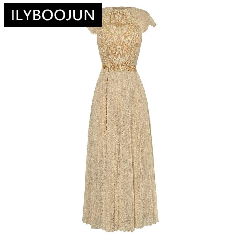 

ILYBOOJUN Summer High Quality New Arrivals Women Dress Temperament Net Yarn Butterfly Embroidery Sashes Pleated Elegant Dresses