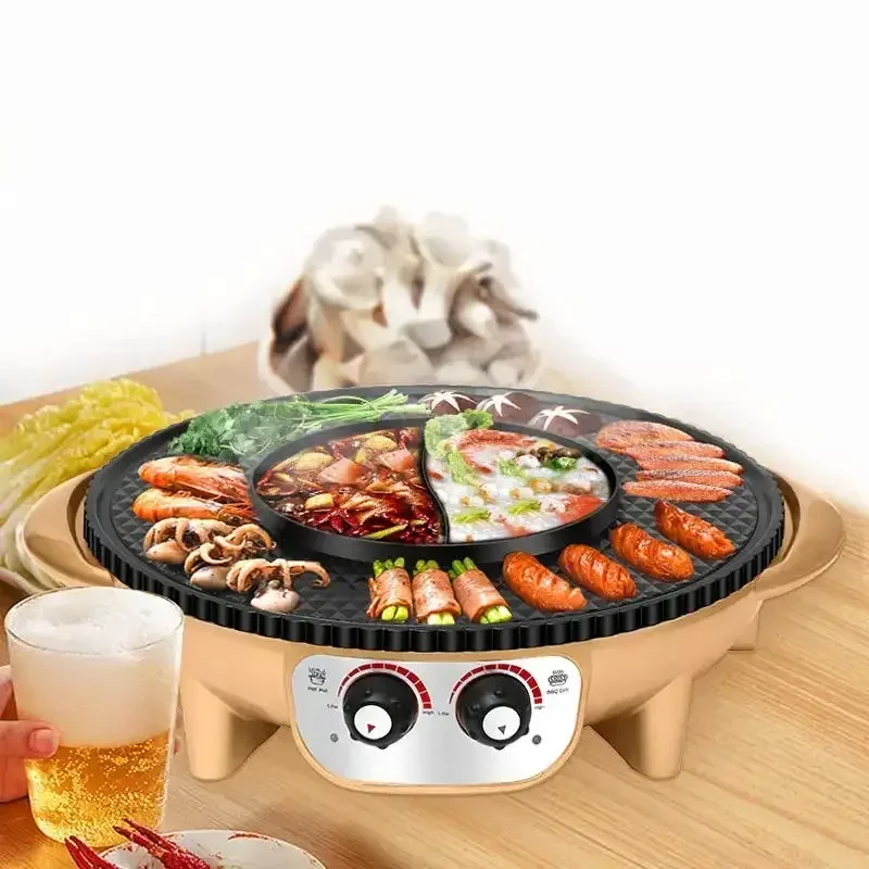 

Электрическая сковорода-гриль с горячим горшком, многофункциональная портативная бытовая сковорода с антипригарным разделением, горячая кастрюля для барбекю два в одном