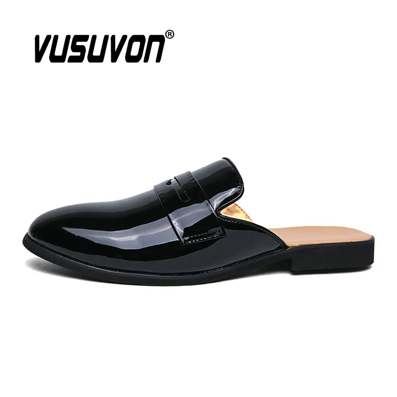 Italian Design Men Slippers Patent Leather Loafers Moccasins Outdoor Non-slip Black Casual Slides Summer Spring Fashion Shoes