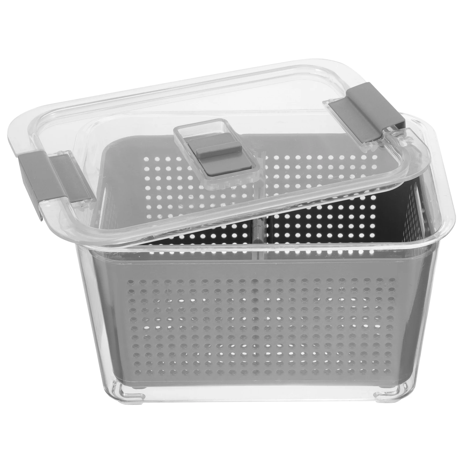 

Refrigerator Sealed Box 2 Compartment Transparent Drain Container Fresh Food Storage With Air Vent For Fruits Vegetables