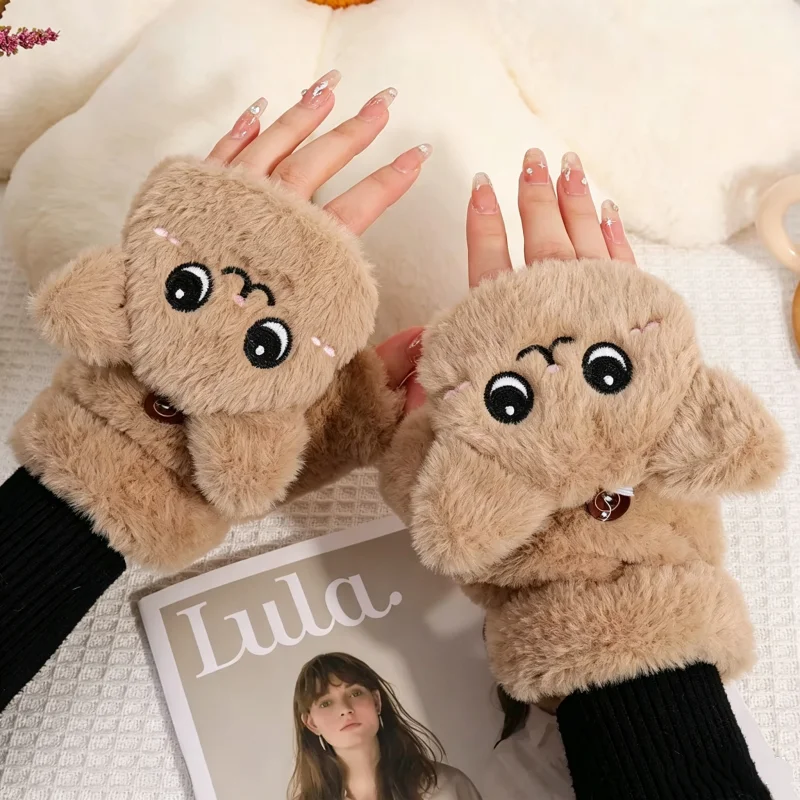 Women Plush Warm Glove Fur Lovely Rabbit Cat Mittens Flip Fingerless Gloves Soft Girls Thick Gloves Flexible Half Finger Winter
