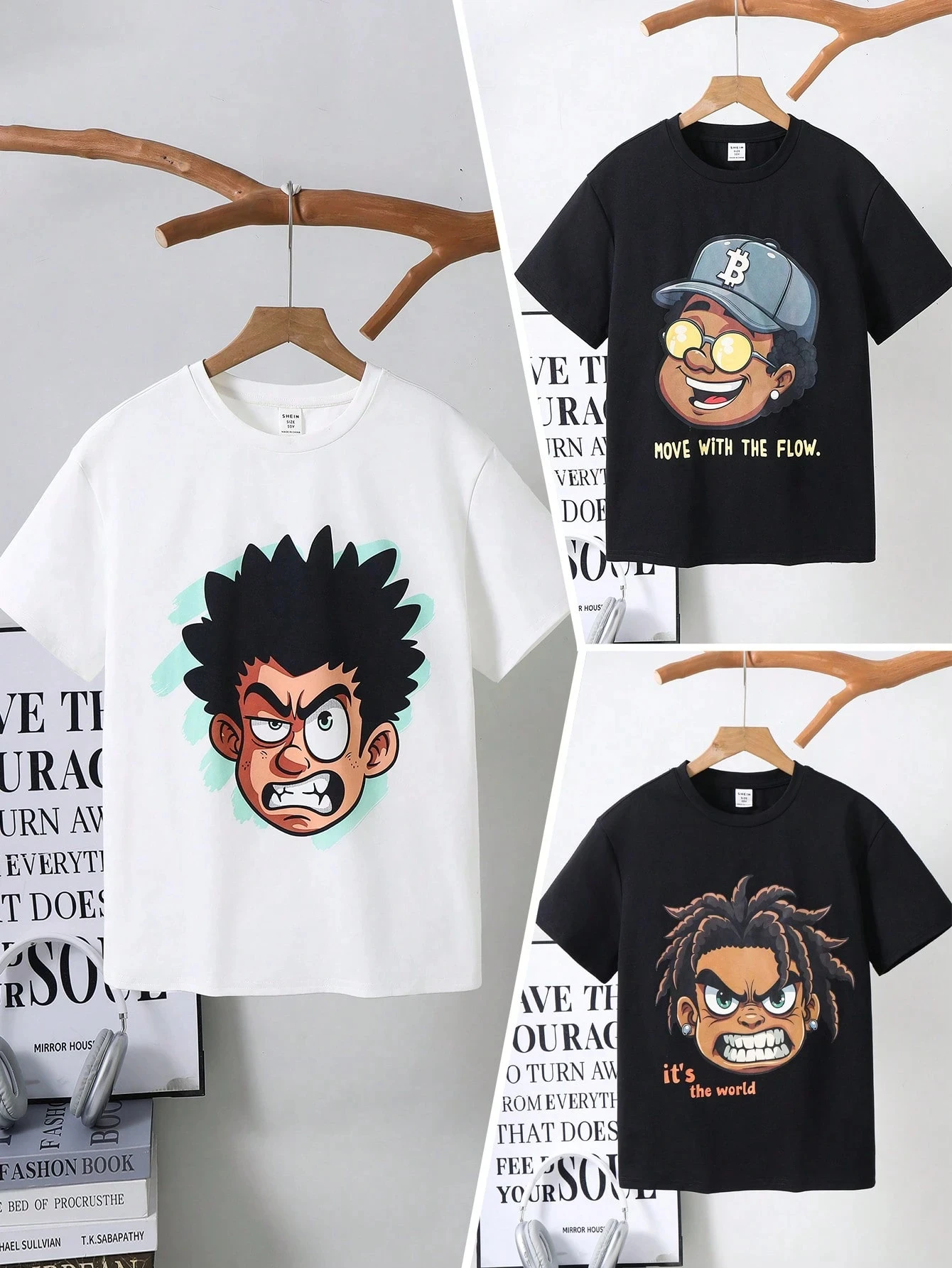 

3pcs Boys Casual Cartoon Street Portrait Pattern Printed Loose Fit Short Sleeve T-Shirt Set, 3 Styles, For School, Garden,Spring