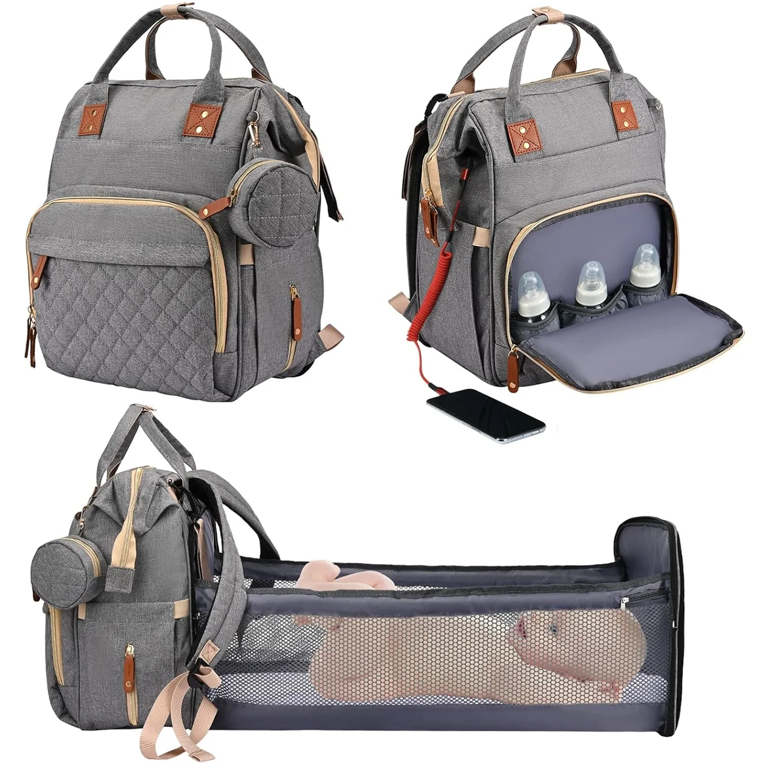

Mom Backpack 35L Portable Infant Strap with Folding Cot Large Capacity Waterproof Multifunction Baby Stroller USB Charging Port