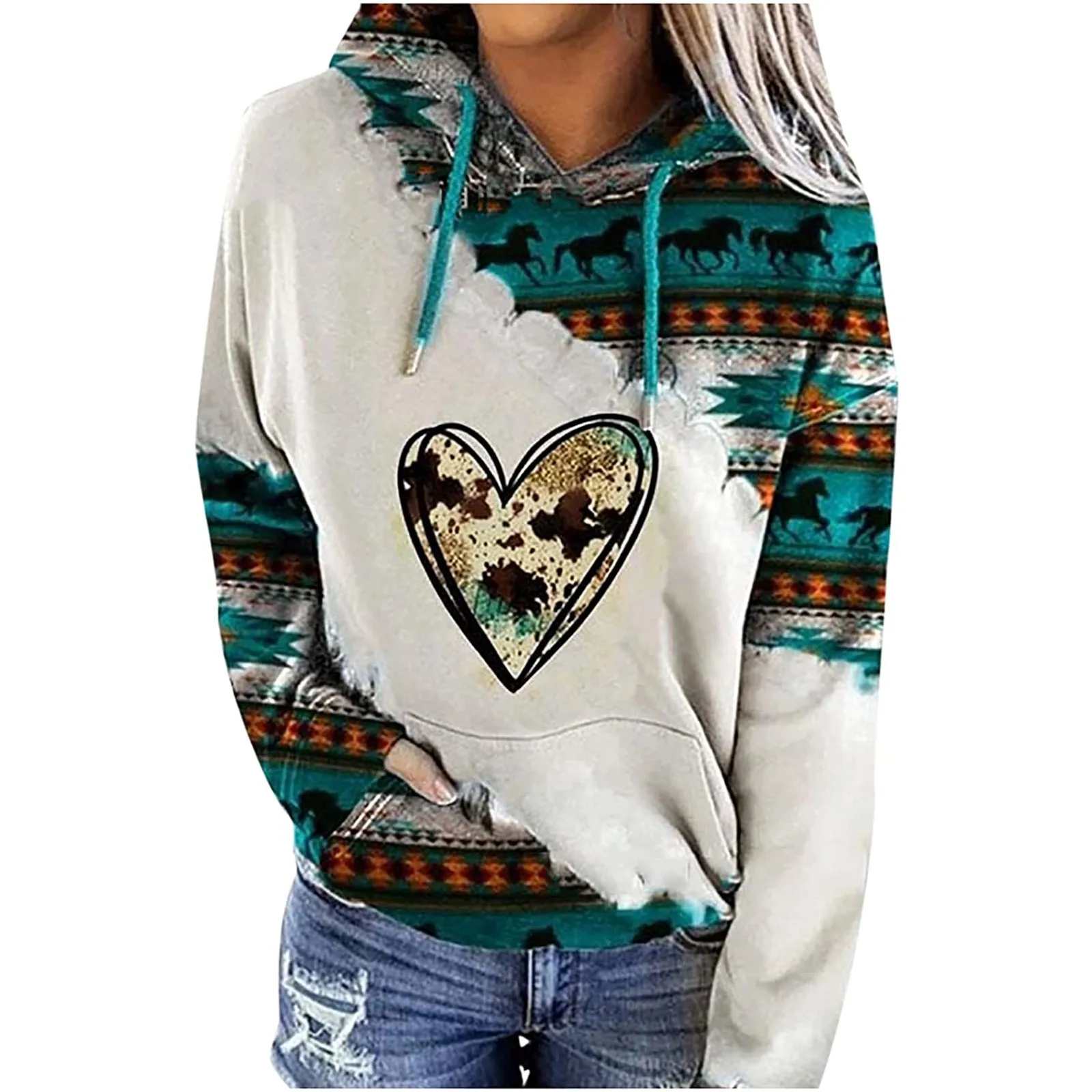 Womens Casual Geometric Horse Print Long Sleeve Drawstring Pullover Tops, Ethnic Style Hooded Sweatshirt