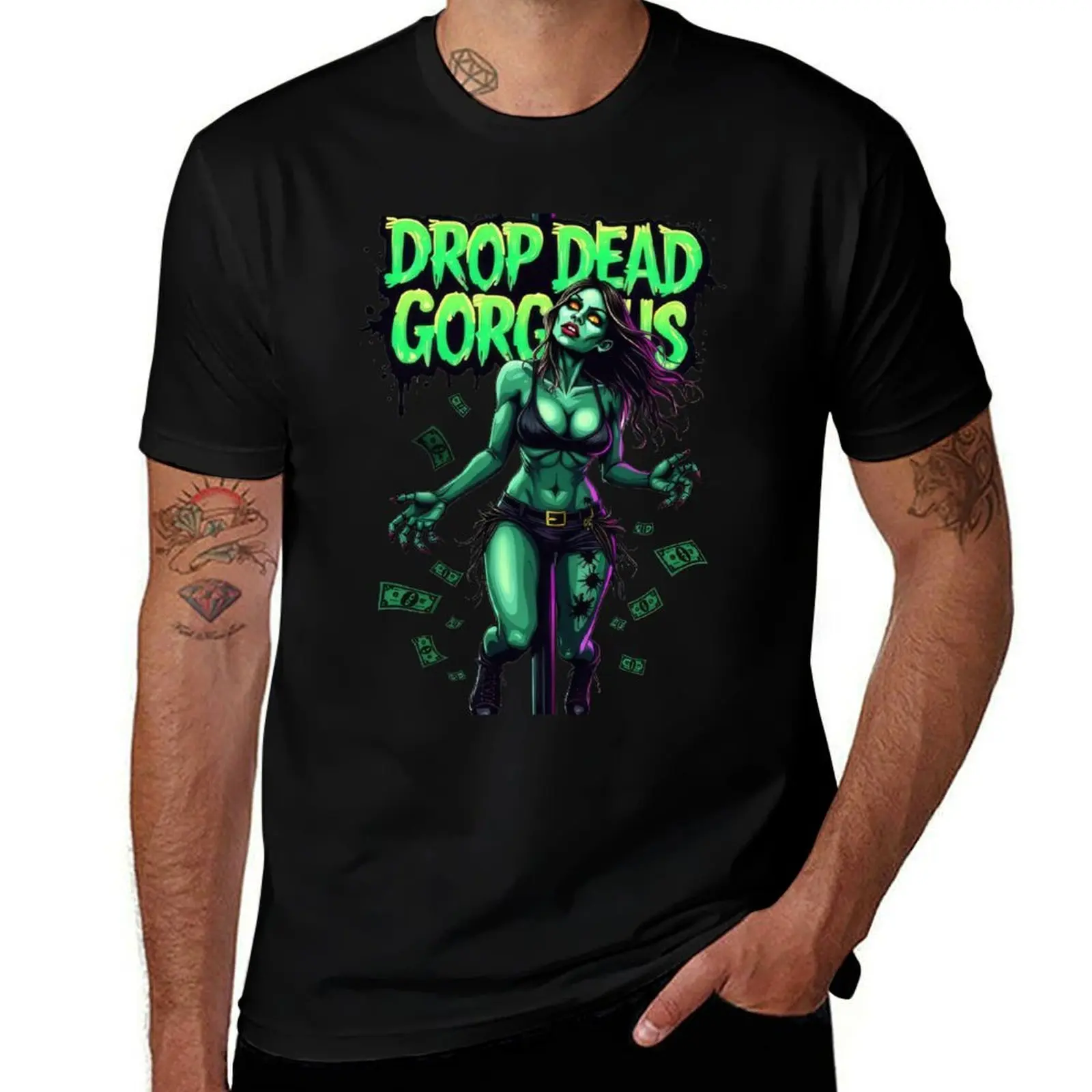 Drop Dead Gorgeous Zombie, Neon Green Undead Beauty, Horror Pin-Up Art T-Shirt Dry Fit Running Short Sleeve Top