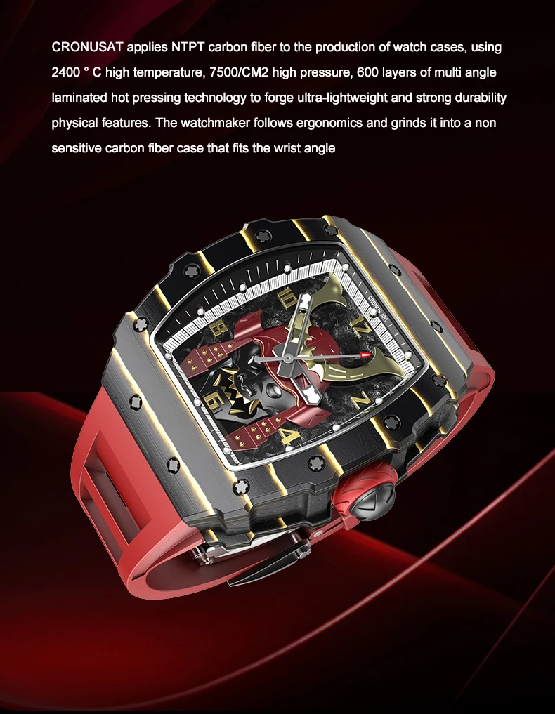 CRONUSART Men Automatic Watch Luxury Mechanical Wristwatch Carbon Fibre Tonneau Case Luminous Fluororubber Strap Bushido Dial