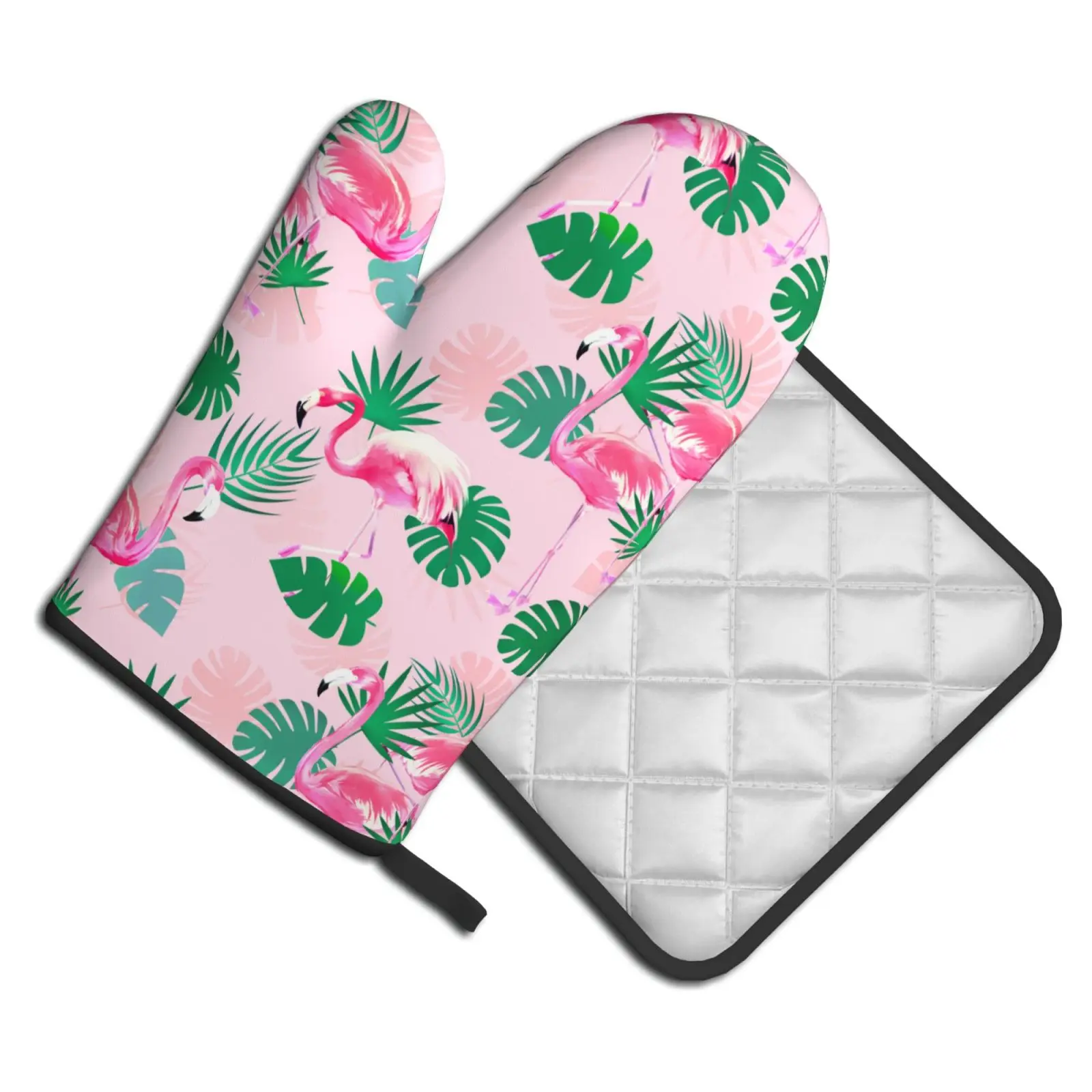 

Рукавицы для духовки с фламинго и подставки для кастрюль Изолированные перчатки и безопасные коврики для кухонной стойки для приготовления барбекю, выпечки, гриля, набор из 2 предметов